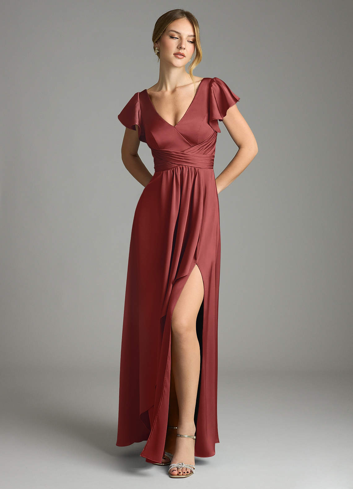 Omari A-Line V-Neck Stretch Satin Bridesmaid Dress in Terracotta