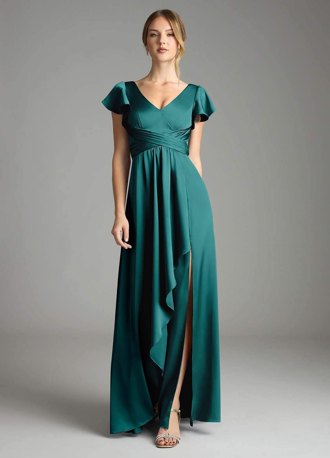 Omari A-Line V-Neck Stretch Satin Bridesmaid Dress in Peacock