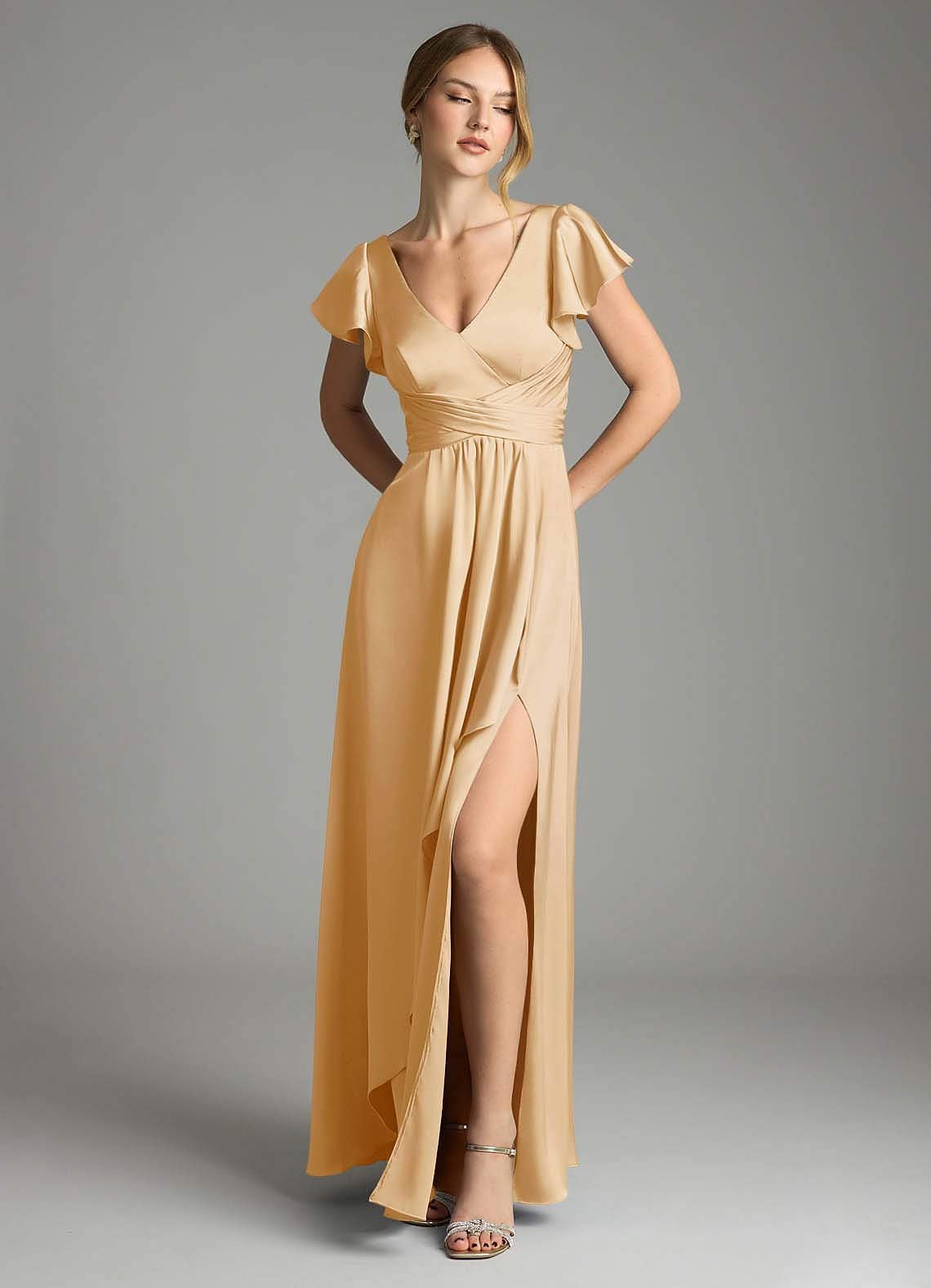 Omari A-Line V-Neck Stretch Satin Bridesmaid Dress in Gold