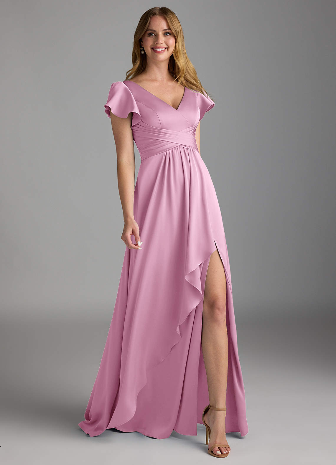 Omari A-Line V-Neck Stretch Satin Bridesmaid Dress in candy pink