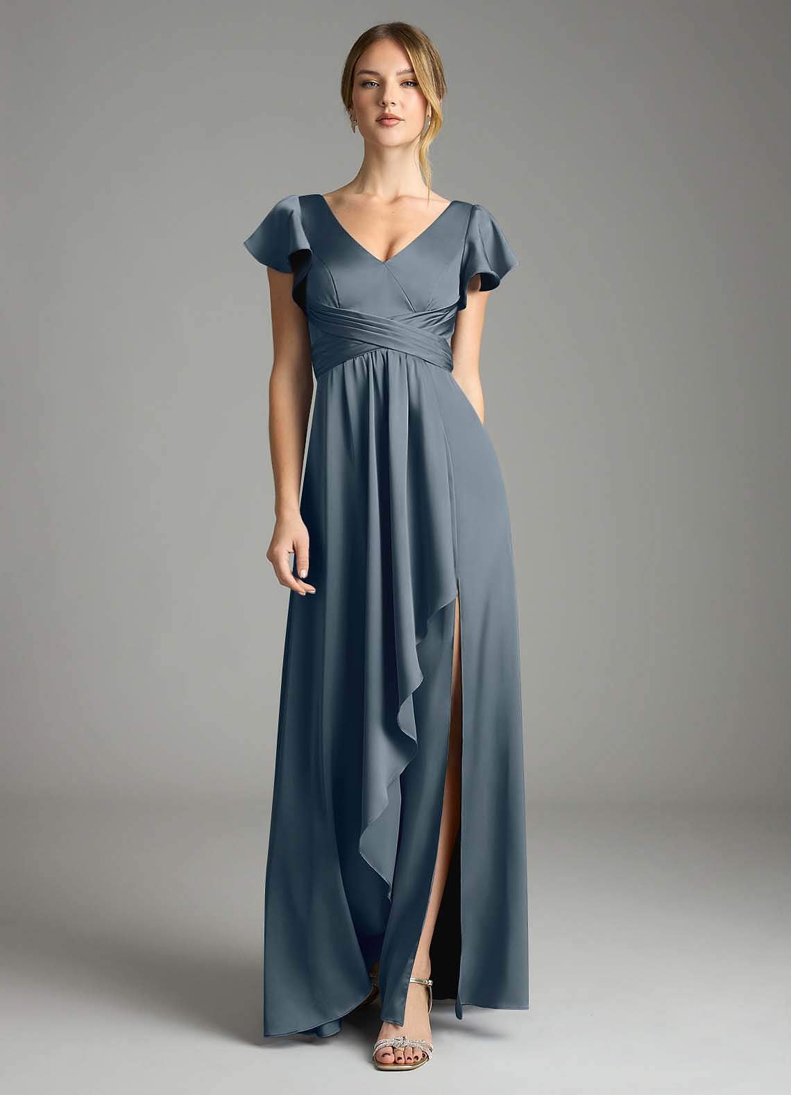 Omari A-Line V-Neck Stretch Satin Bridesmaid Dress in Twilight