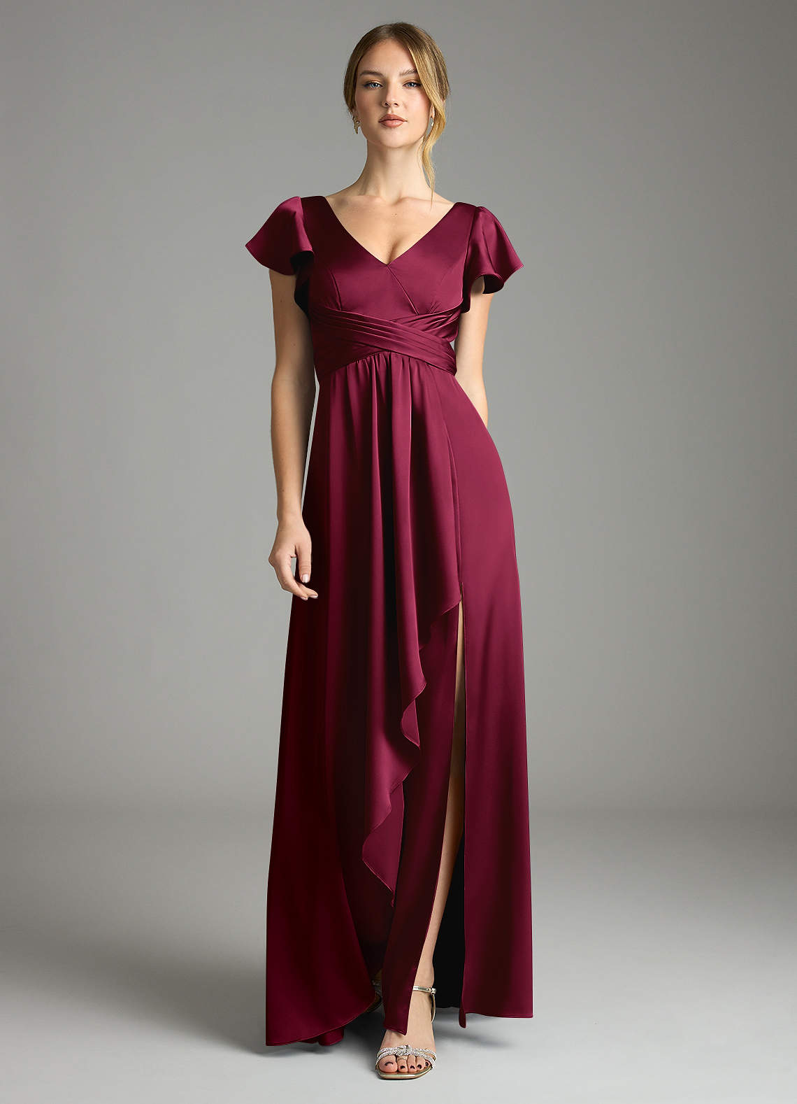 Omari A-Line V-Neck Stretch Satin Bridesmaid Dress in Burgundy