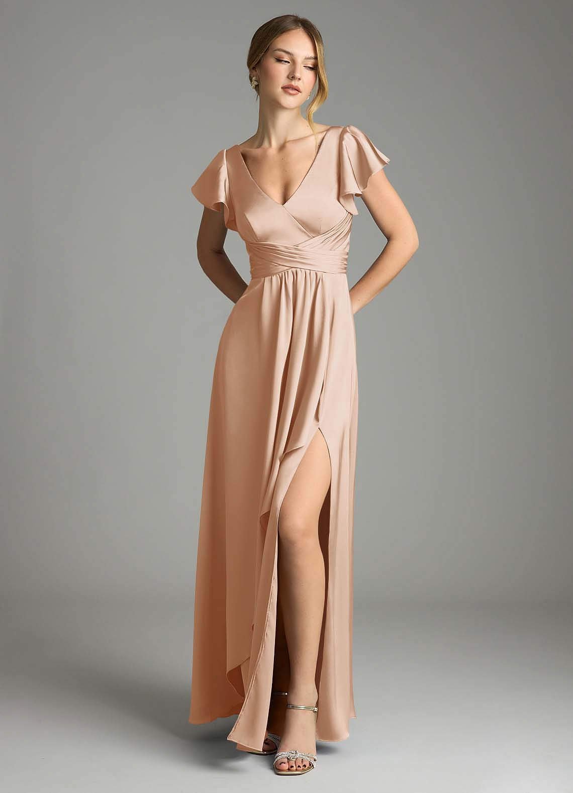 Omari A-Line V-Neck Stretch Satin Bridesmaid Dress in English Rose