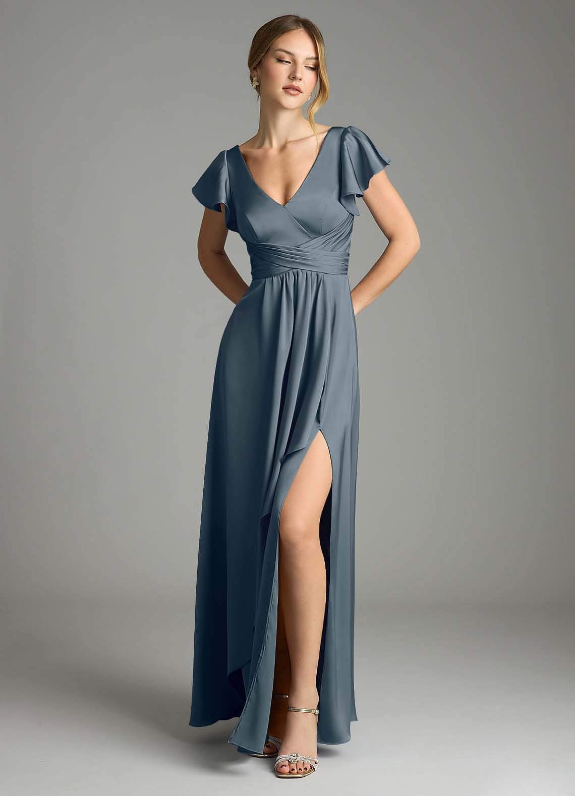Omari A-Line V-Neck Stretch Satin Bridesmaid Dress in Twilight