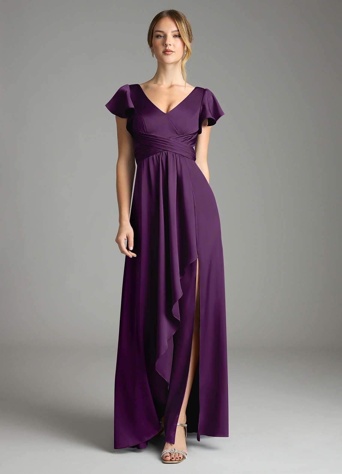 Omari A-Line V-Neck Stretch Satin Bridesmaid Dress in Grape