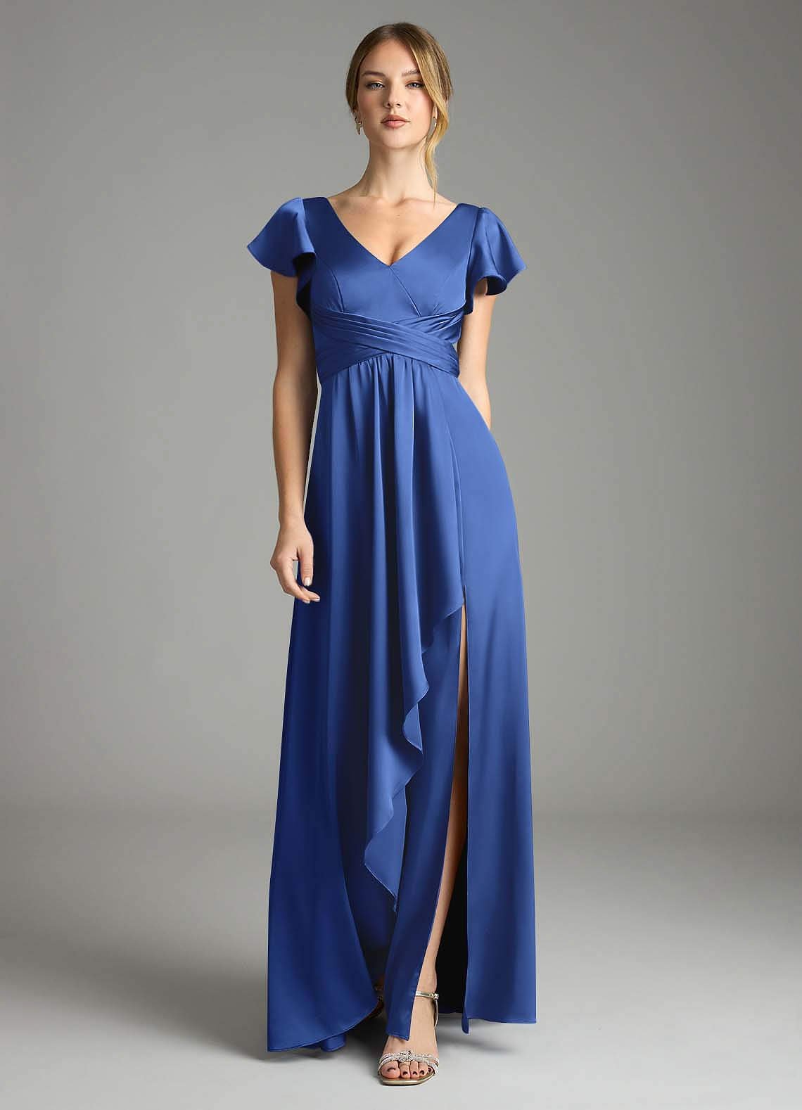 Omari A-Line V-Neck Stretch Satin Bridesmaid Dress in Royal Blue