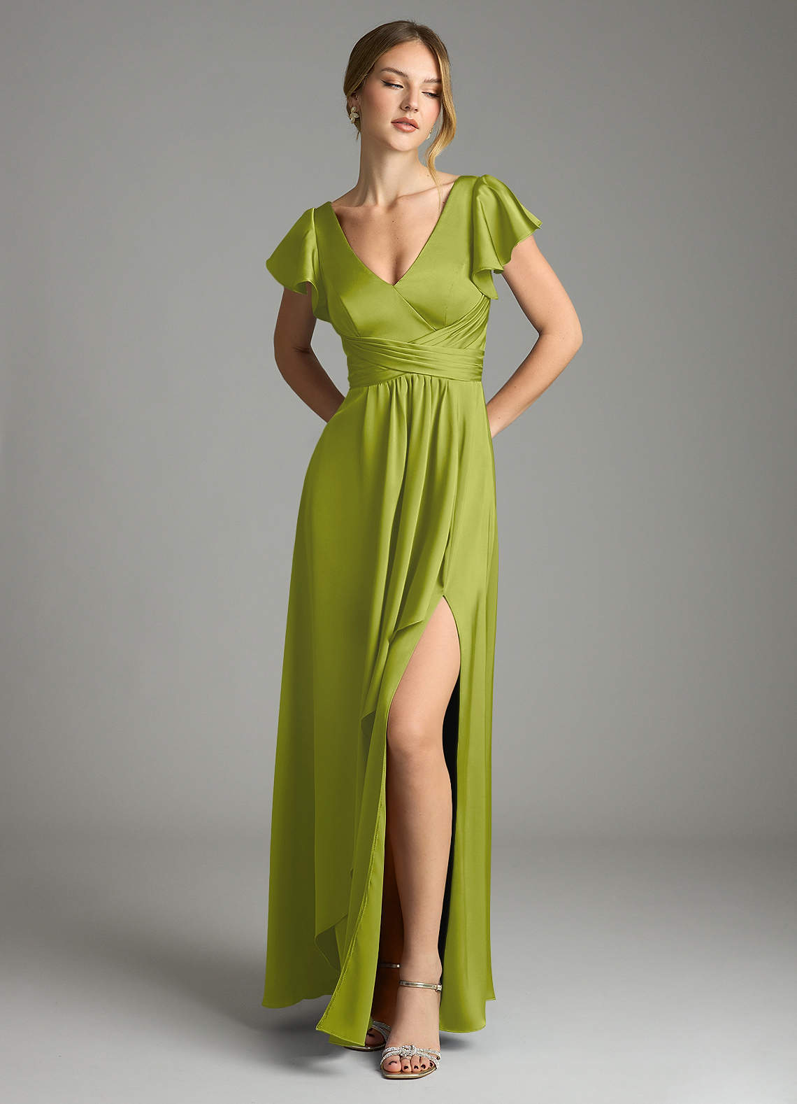 Omari A-Line V-Neck Stretch Satin Bridesmaid Dress in Lemongrass