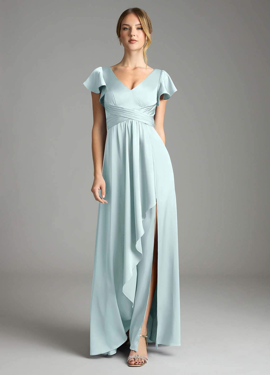 Omari A-Line V-Neck Stretch Satin Bridesmaid Dress in Sea Glass