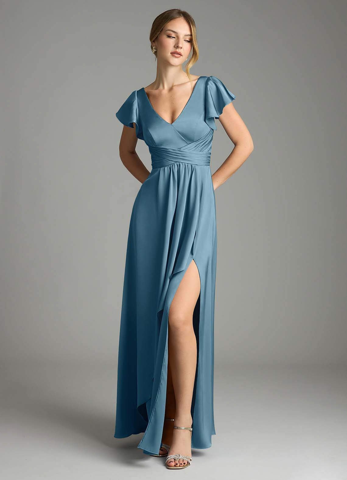 Omari A-Line V-Neck Stretch Satin Bridesmaid Dress in Bermuda