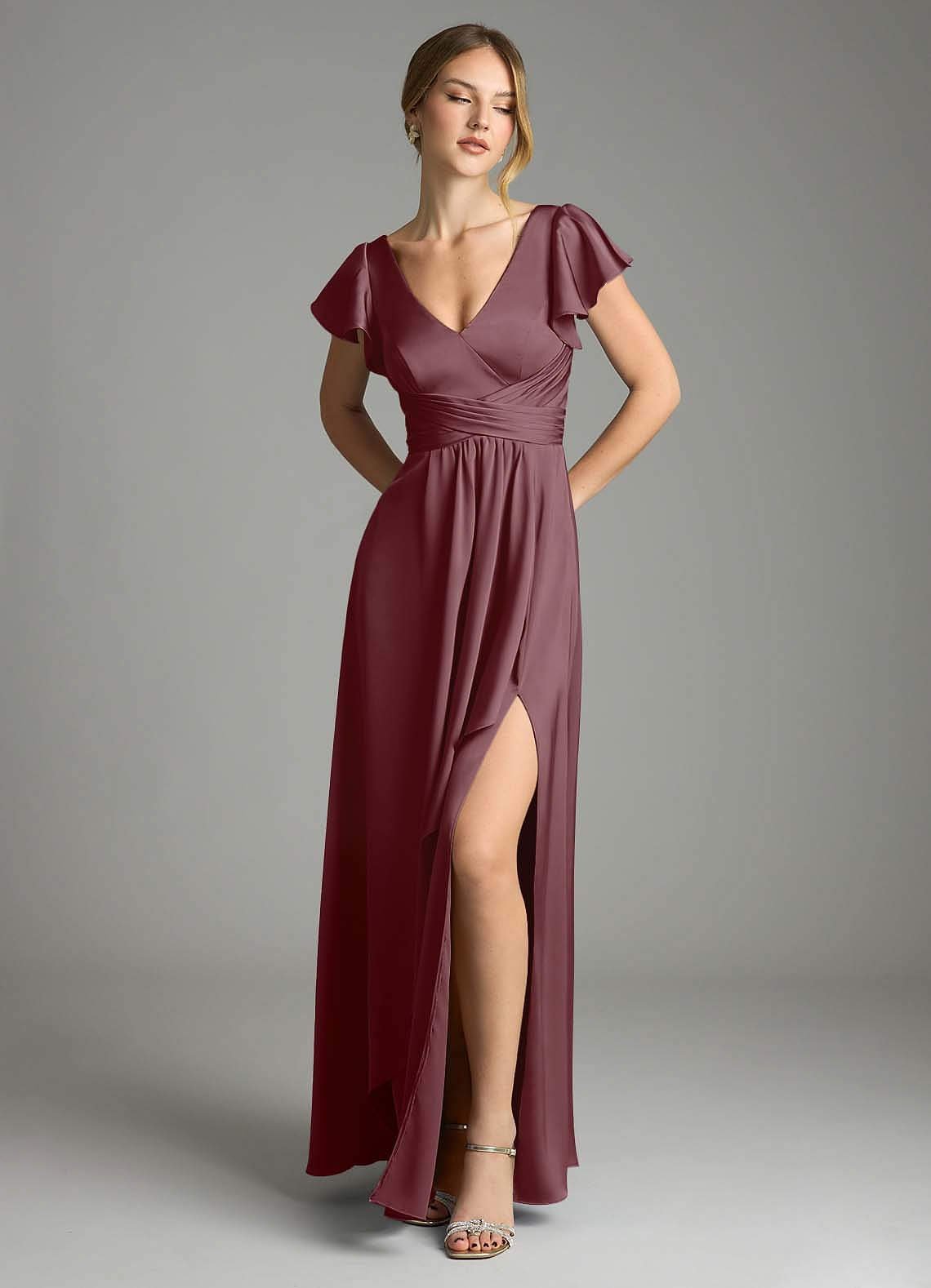 Omari A-Line V-Neck Stretch Satin Bridesmaid Dress in Sangria