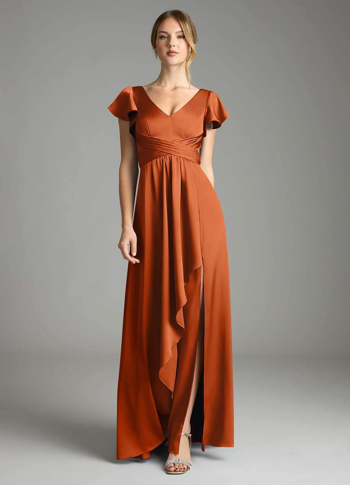 Omari A-Line V-Neck Stretch Satin Bridesmaid Dress in Burnt Orange
