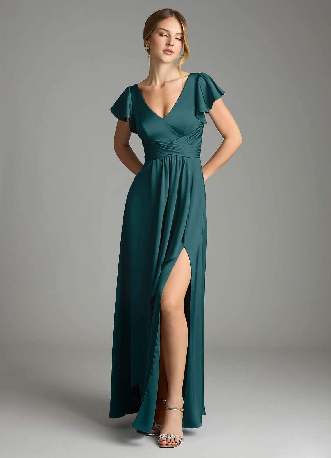 Omari A-Line V-Neck Stretch Satin Bridesmaid Dress in Pine