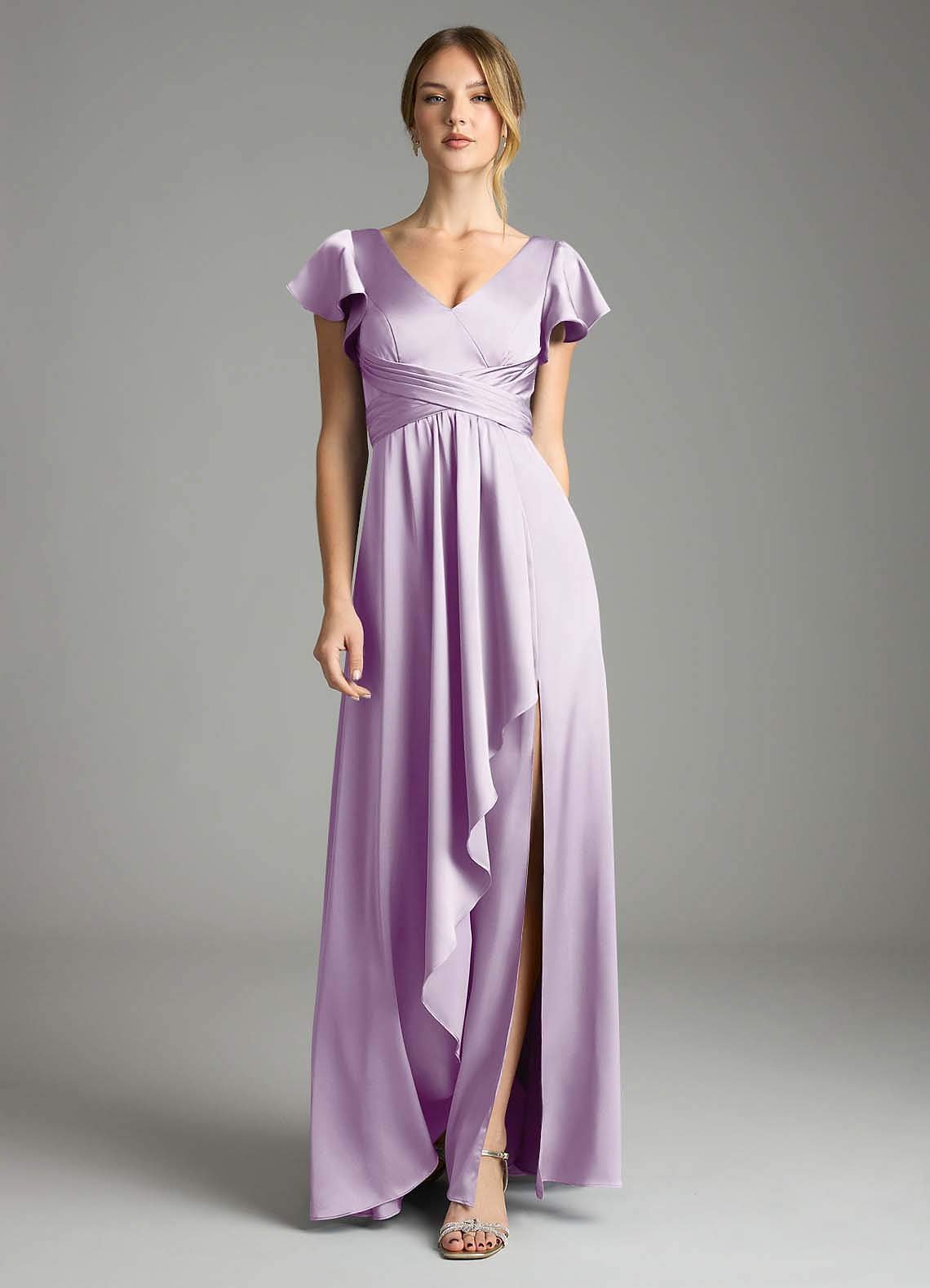 Omari A-Line V-Neck Stretch Satin Bridesmaid Dress in Frosted Lilac