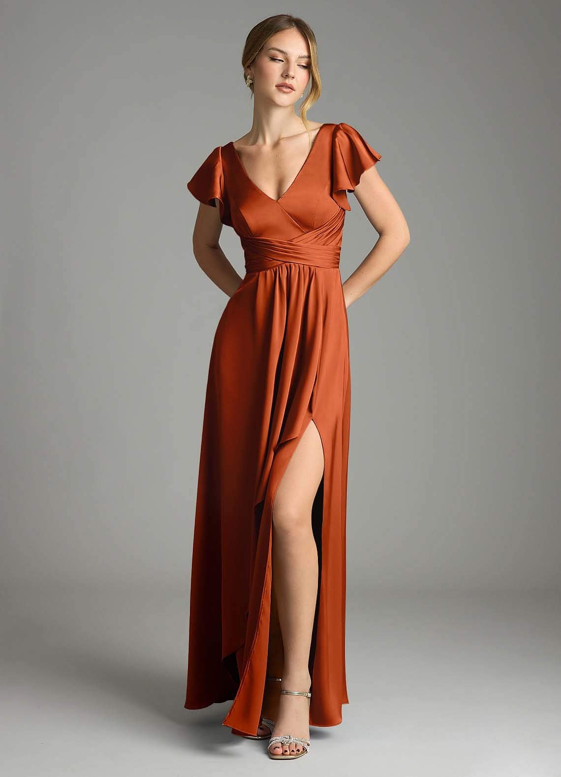 Omari A-Line V-Neck Stretch Satin Bridesmaid Dress in Paprika