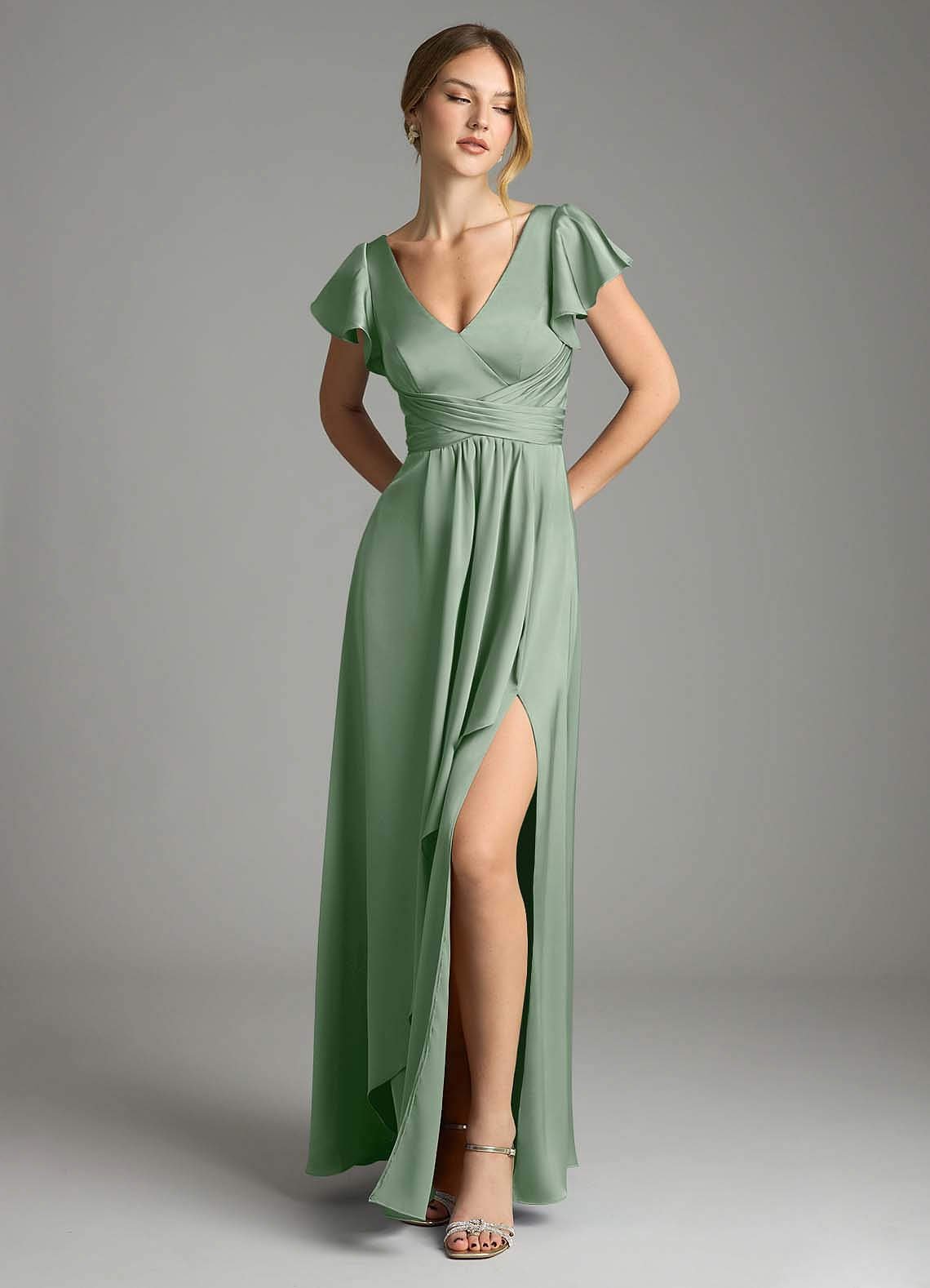 Omari A-Line V-Neck Stretch Satin Bridesmaid Dress in Matcha