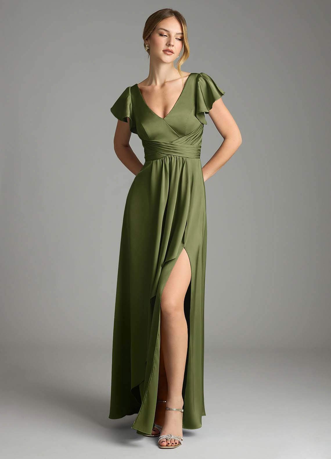 Omari A-Line V-Neck Stretch Satin Bridesmaid Dress in Olive