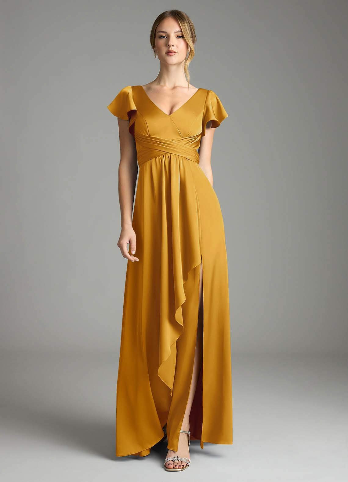 Omari A-Line V-Neck Stretch Satin Bridesmaid Dress in butterscotch