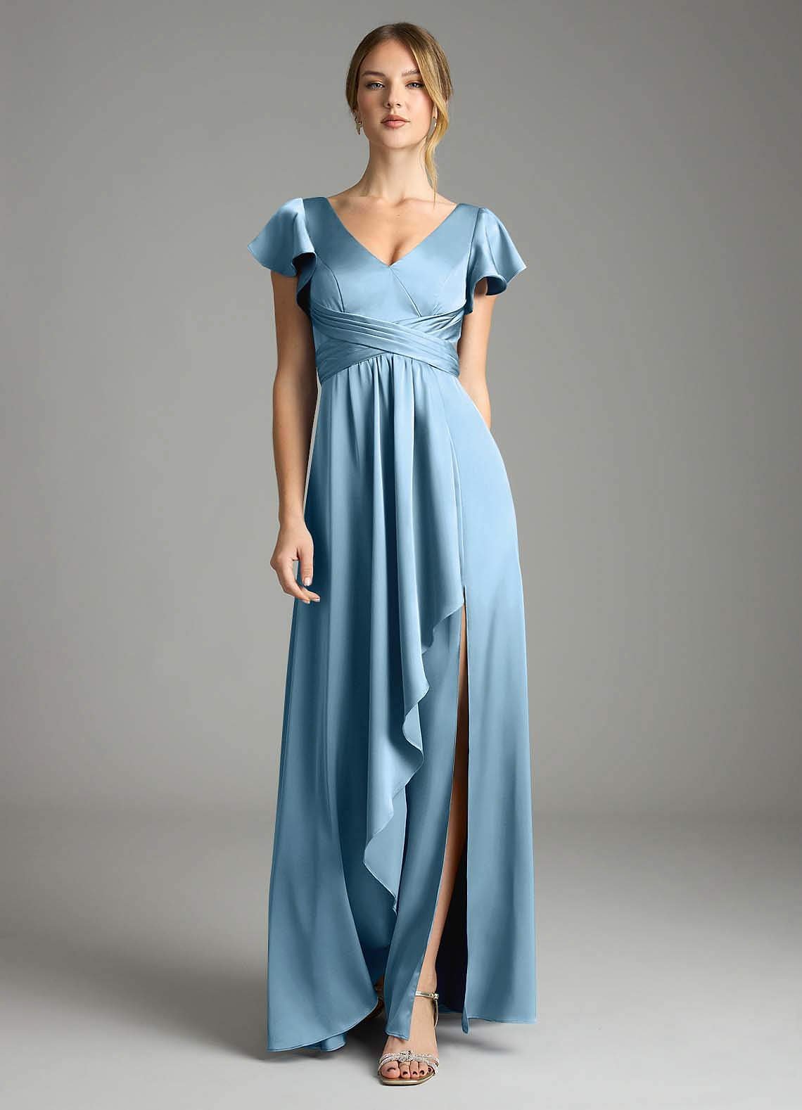 Omari A-Line V-Neck Stretch Satin Bridesmaid Dress in Steel Blue