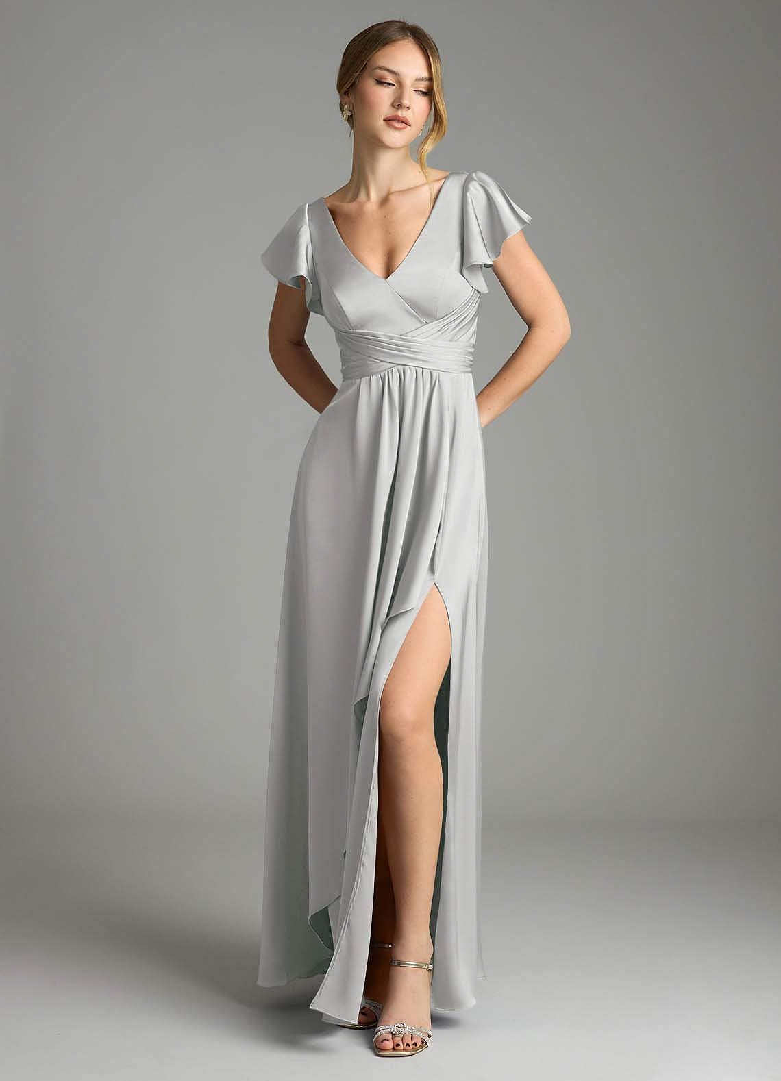 Omari A-Line V-Neck Stretch Satin Bridesmaid Dress in Silver