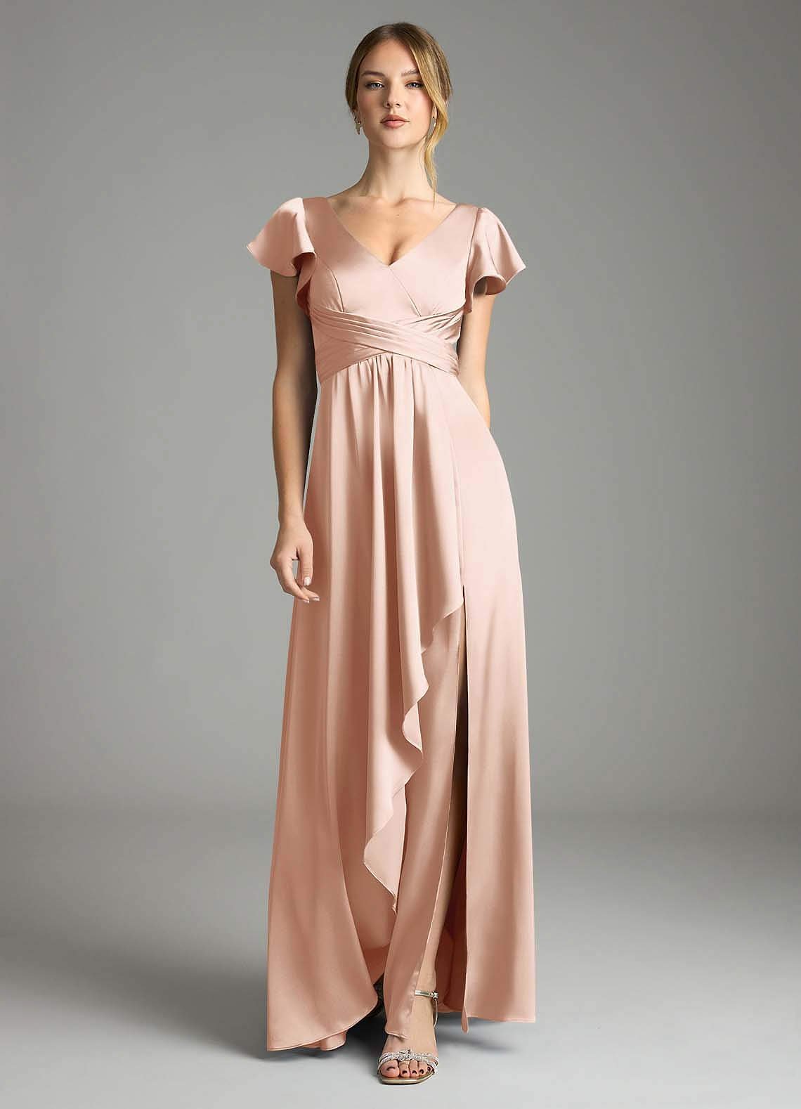 Omari A-Line V-Neck Stretch Satin Bridesmaid Dress in rose gold