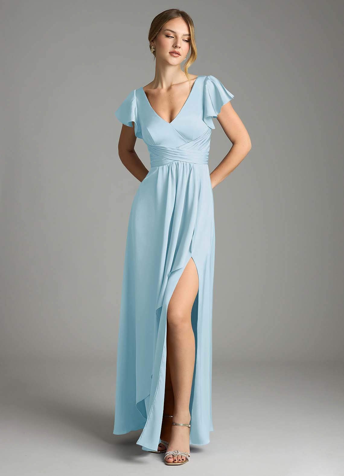 Omari A-Line V-Neck Stretch Satin Bridesmaid Dress in Sky Blue
