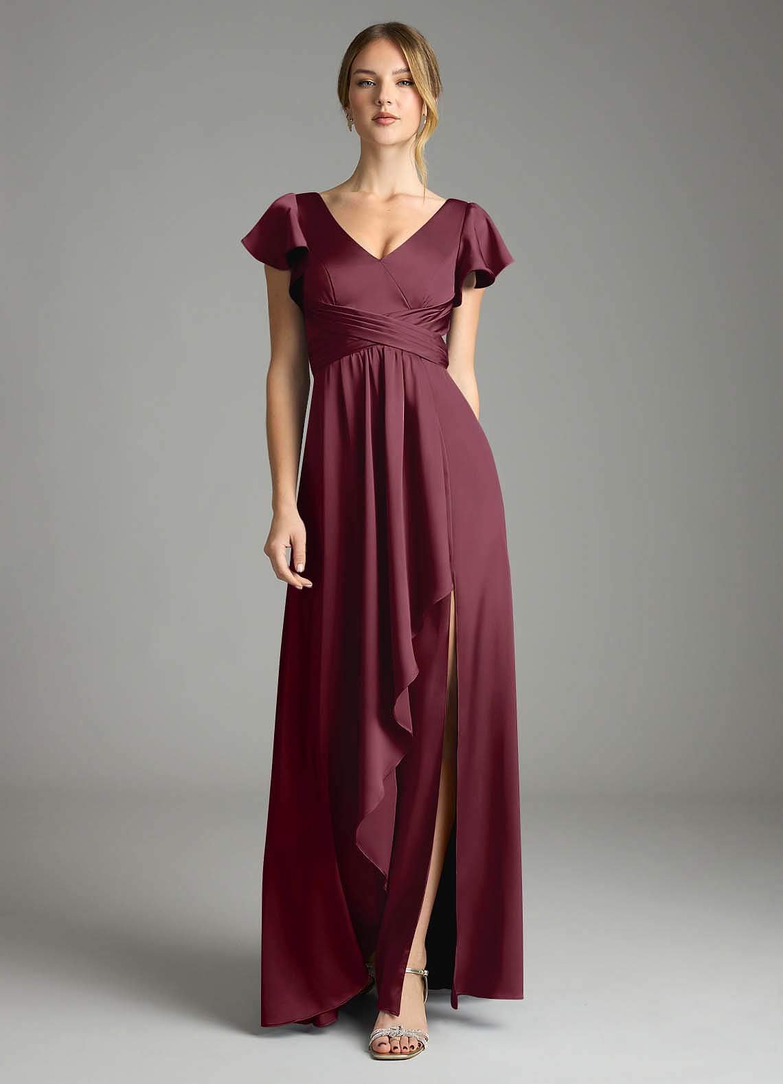 Omari A-Line V-Neck Stretch Satin Bridesmaid Dress in Cabernet