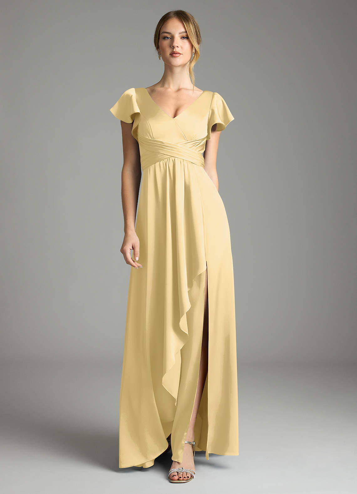 Omari A-Line V-Neck Stretch Satin Bridesmaid Dress in Butter
