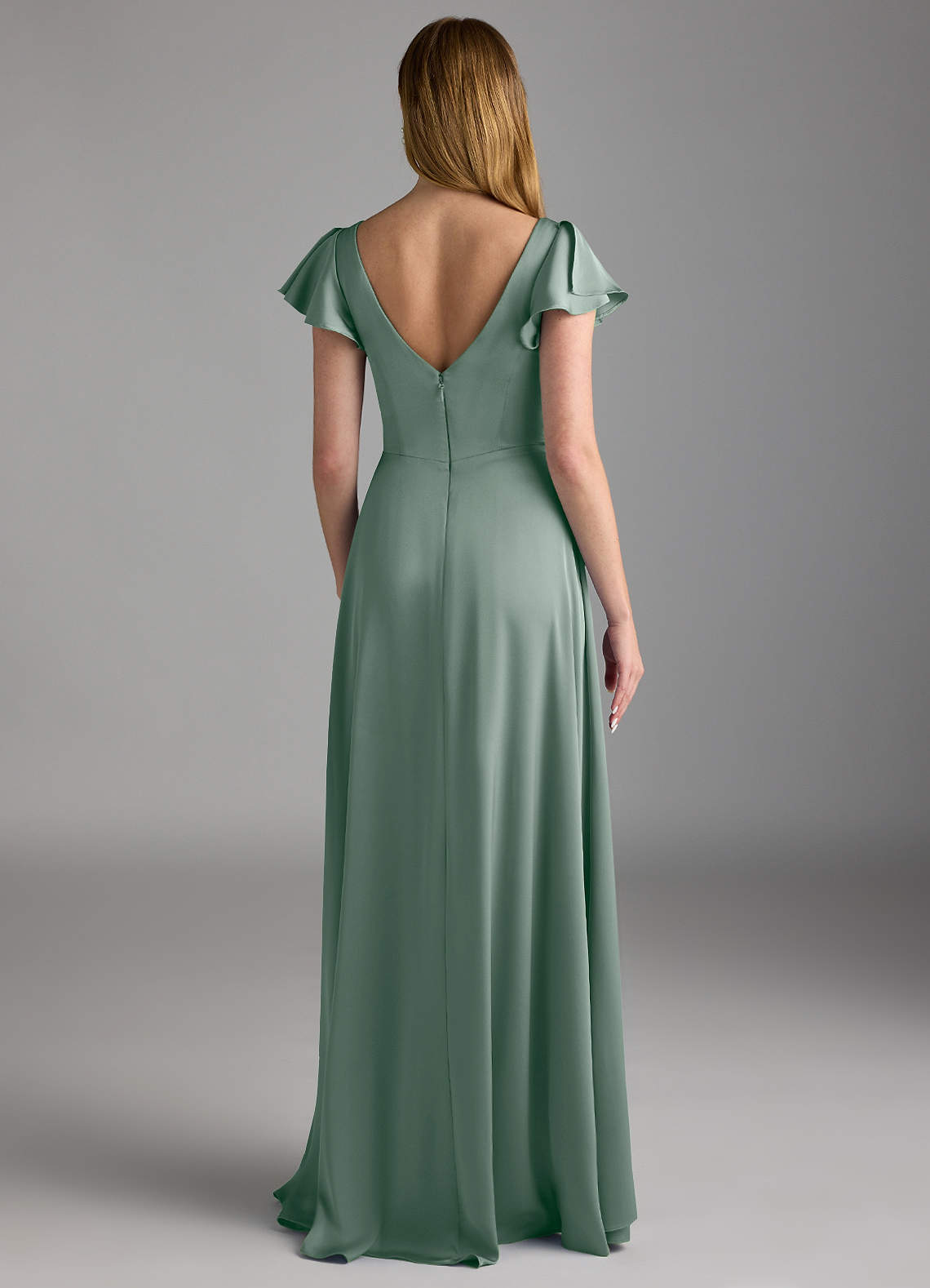 Omari A-Line V-Neck Stretch Satin Bridesmaid Dress in Silver Sage