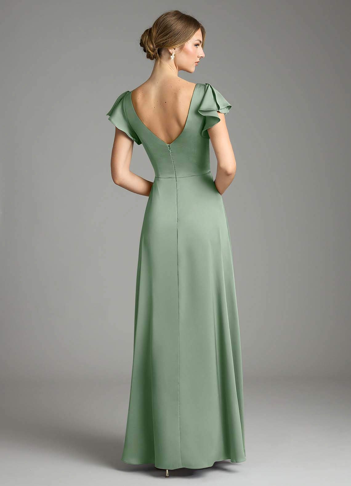 Omari A-Line V-Neck Stretch Satin Bridesmaid Dress in Matcha