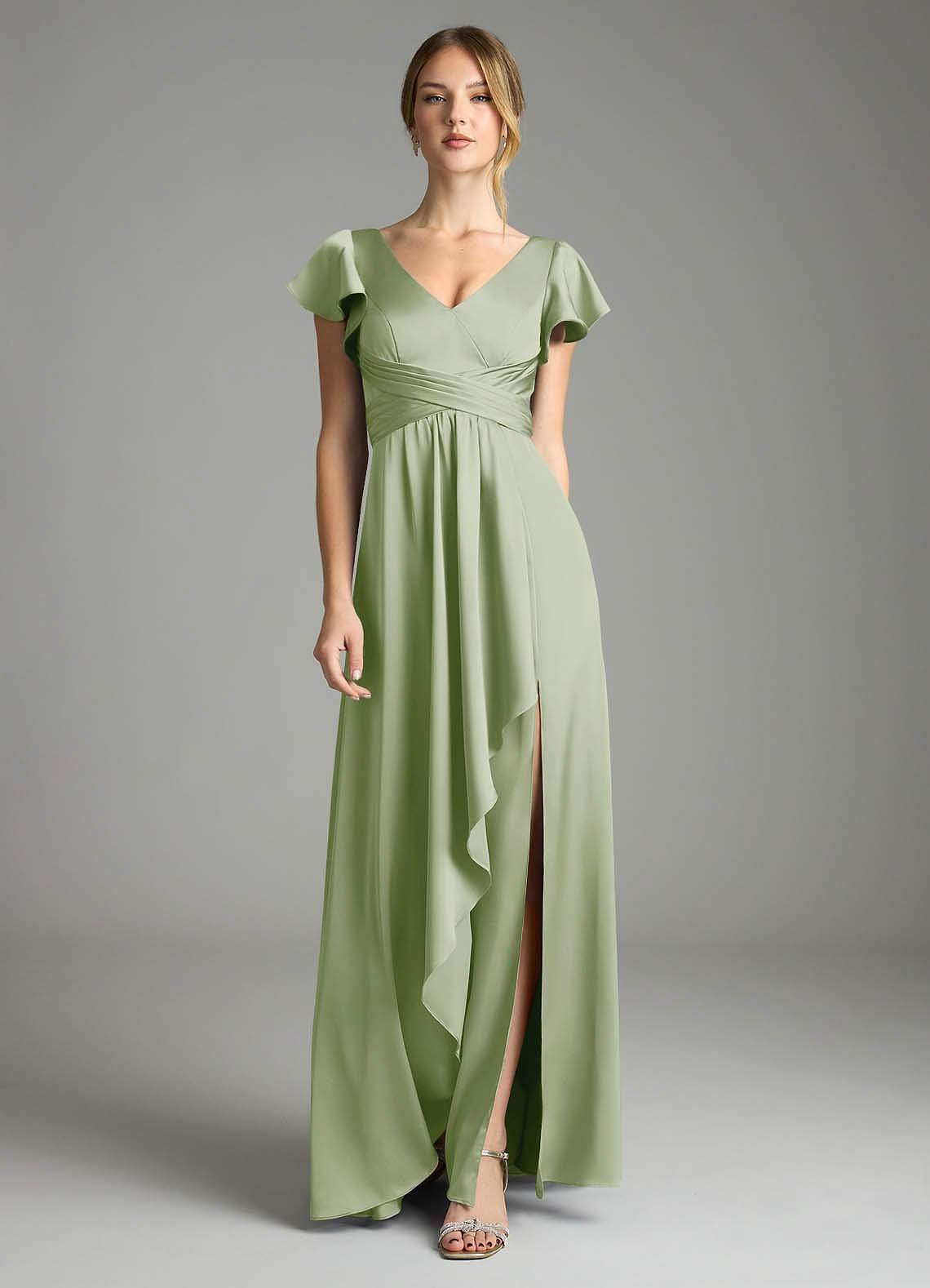 Omari A-Line V-Neck Stretch Satin Bridesmaid Dress in Dusty Sage