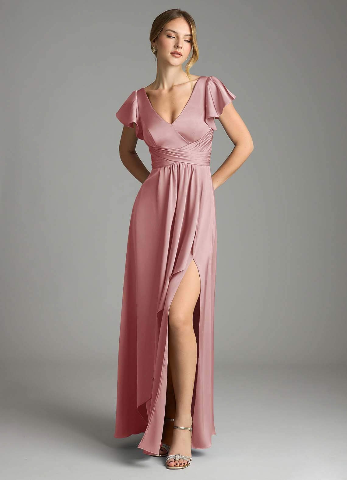 Omari A-Line V-Neck Stretch Satin Bridesmaid Dress in dusty rose
