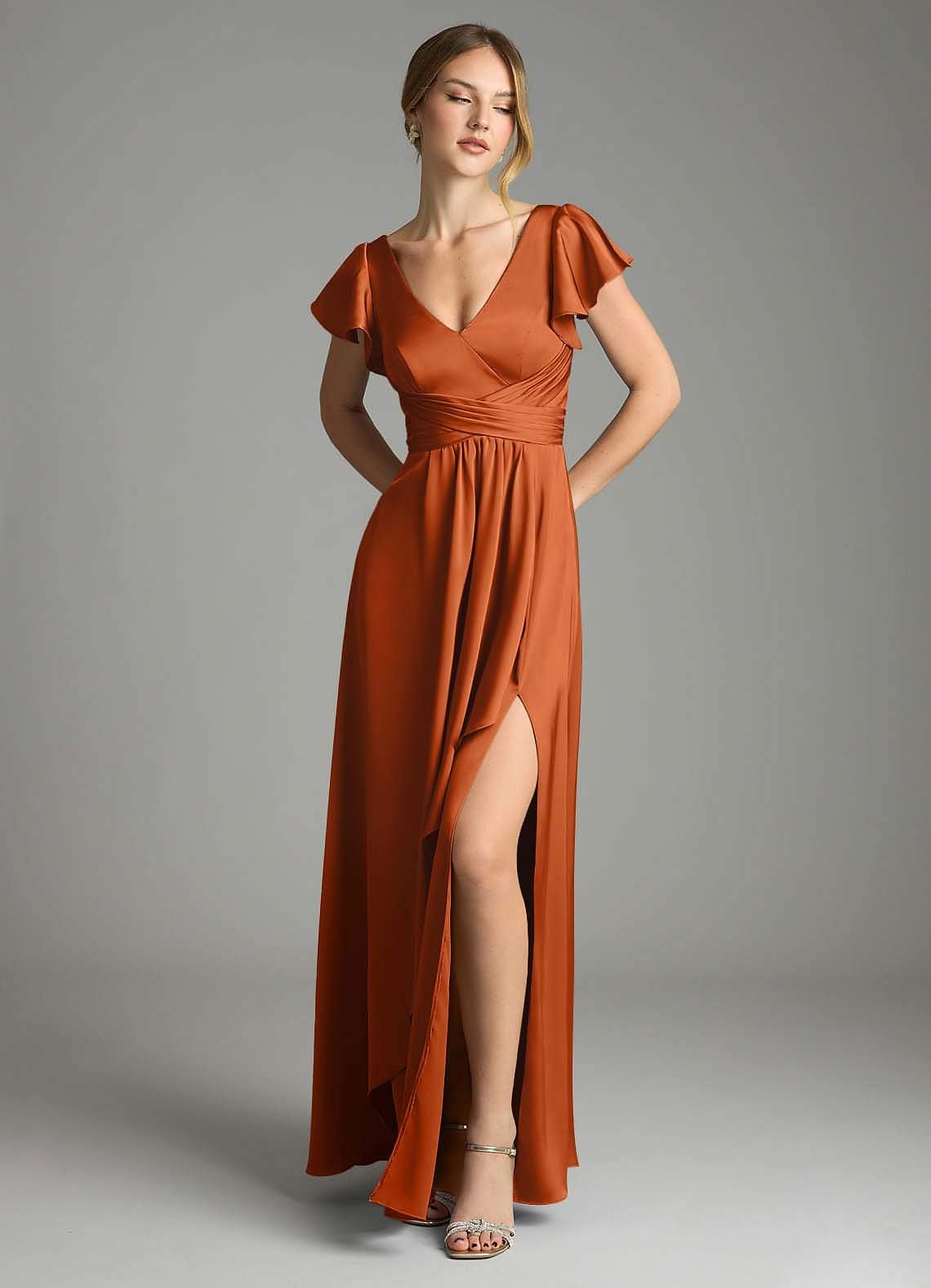 Omari A-Line V-Neck Stretch Satin Bridesmaid Dress in Burnt Orange