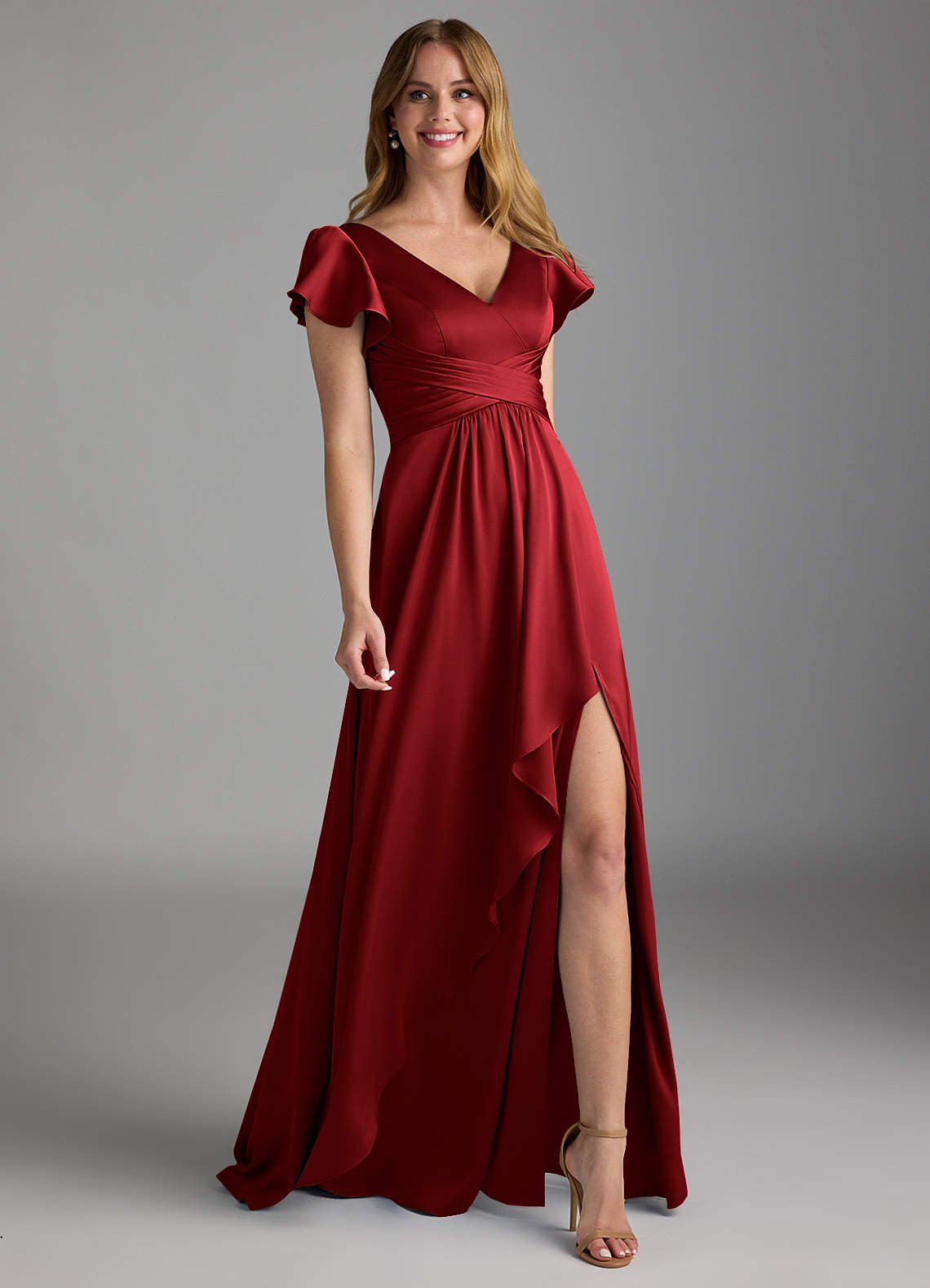 Omari A-Line V-Neck Stretch Satin Bridesmaid Dress in Scarlet