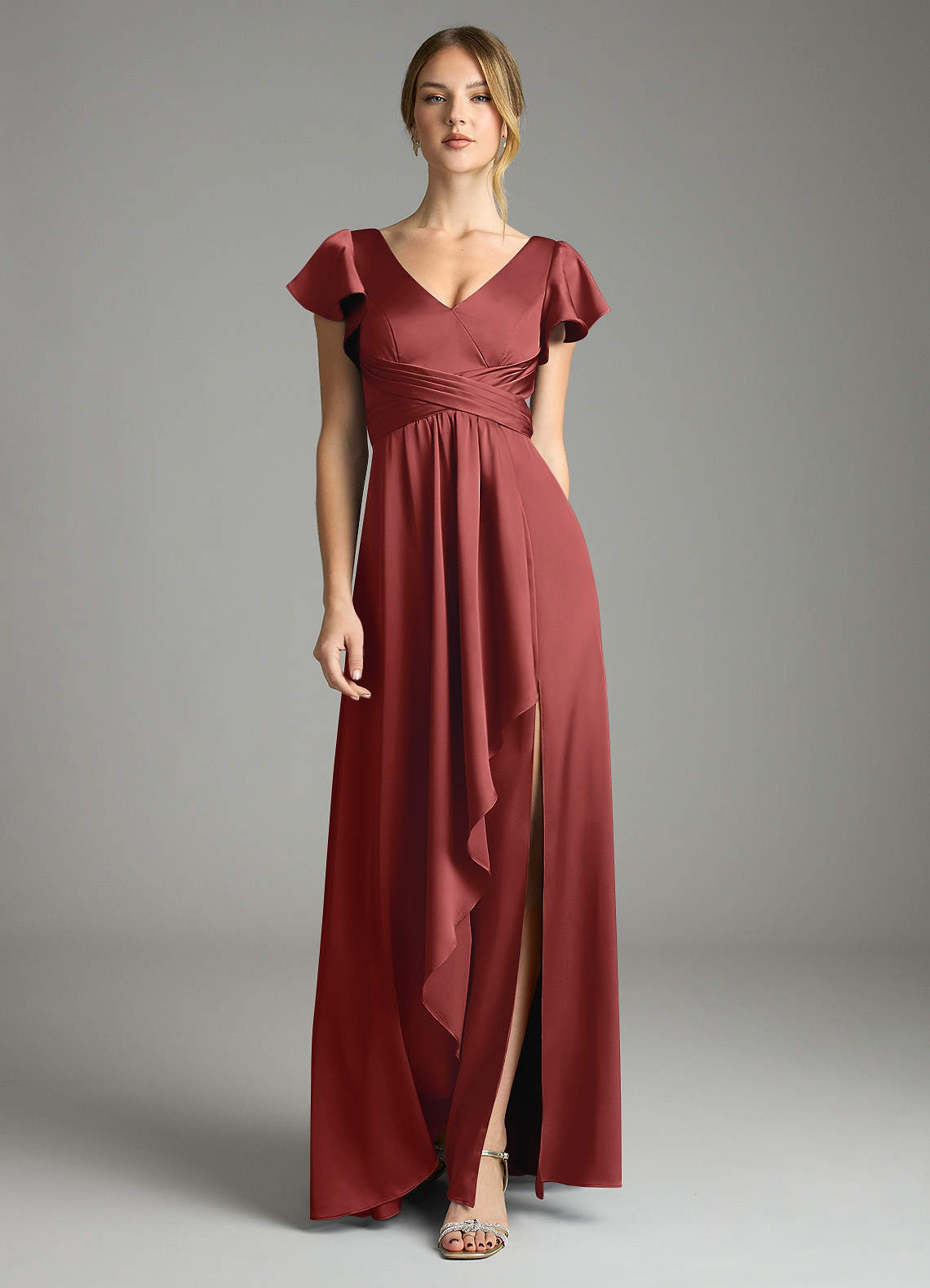 Omari A-Line V-Neck Stretch Satin Bridesmaid Dress in Terracotta