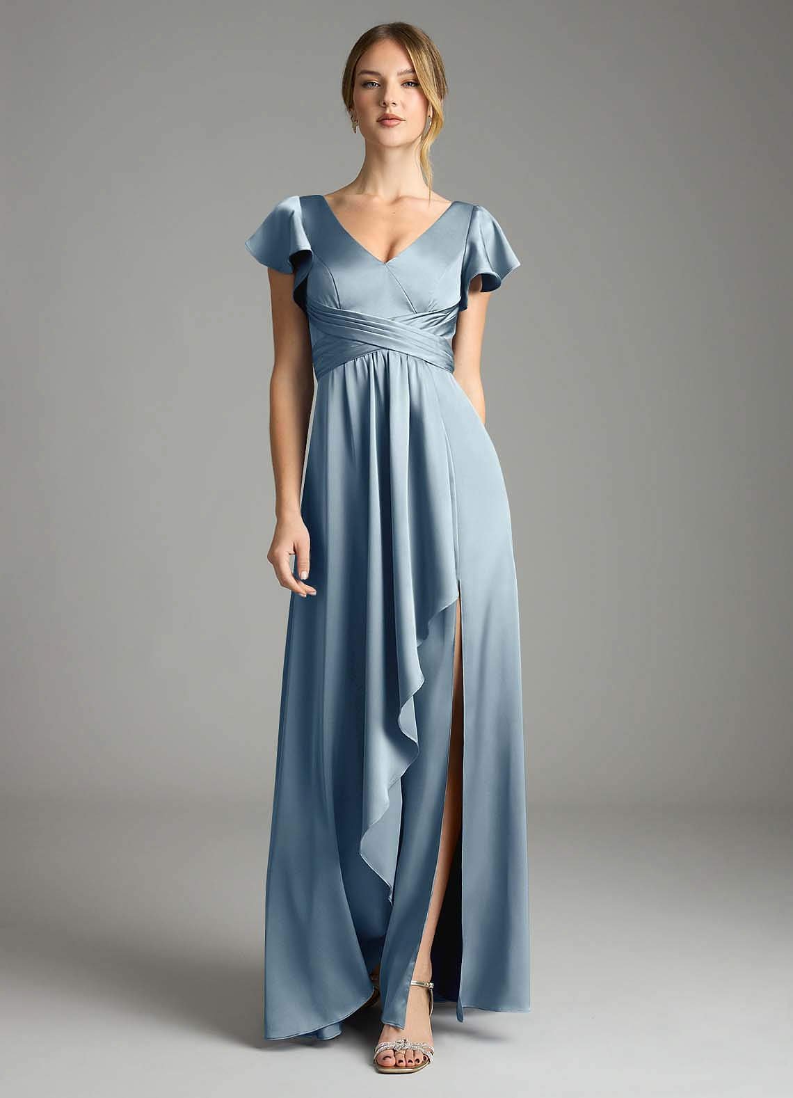 Omari A-Line V-Neck Stretch Satin Bridesmaid Dress in dusty blue