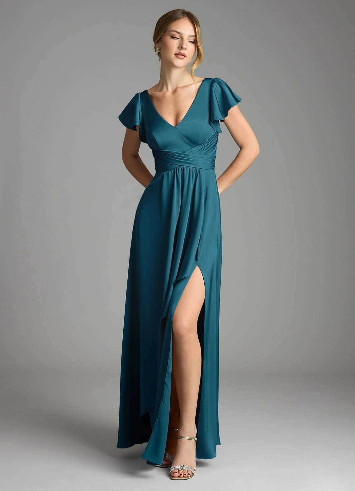 Omari A-Line V-Neck Stretch Satin Bridesmaid Dress in Ink Blue