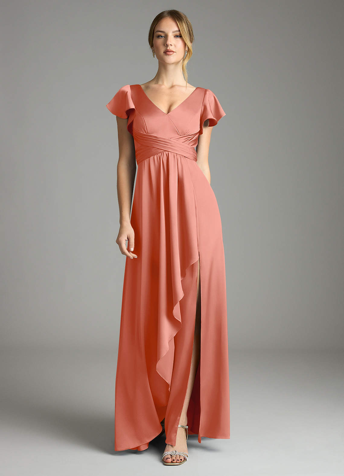 Omari A-Line V-Neck Stretch Satin Bridesmaid Dress in Salmon Pink