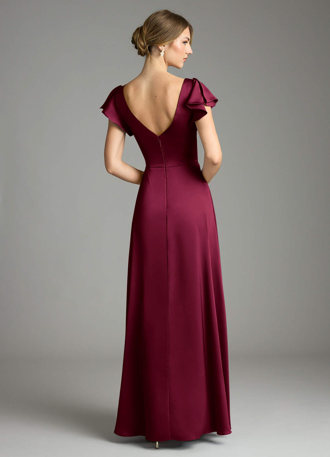 Omari A-Line V-Neck Stretch Satin Bridesmaid Dress in Burgundy