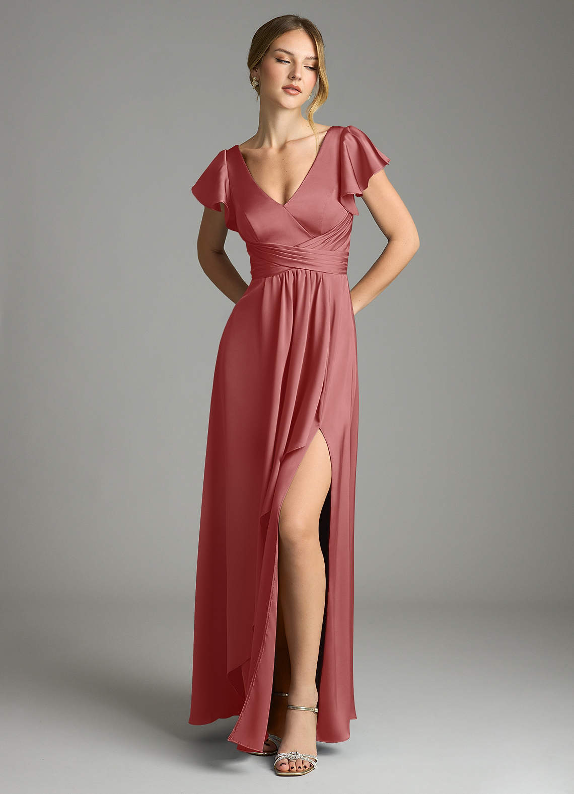 Omari A-Line V-Neck Stretch Satin Bridesmaid Dress in Antique Rose