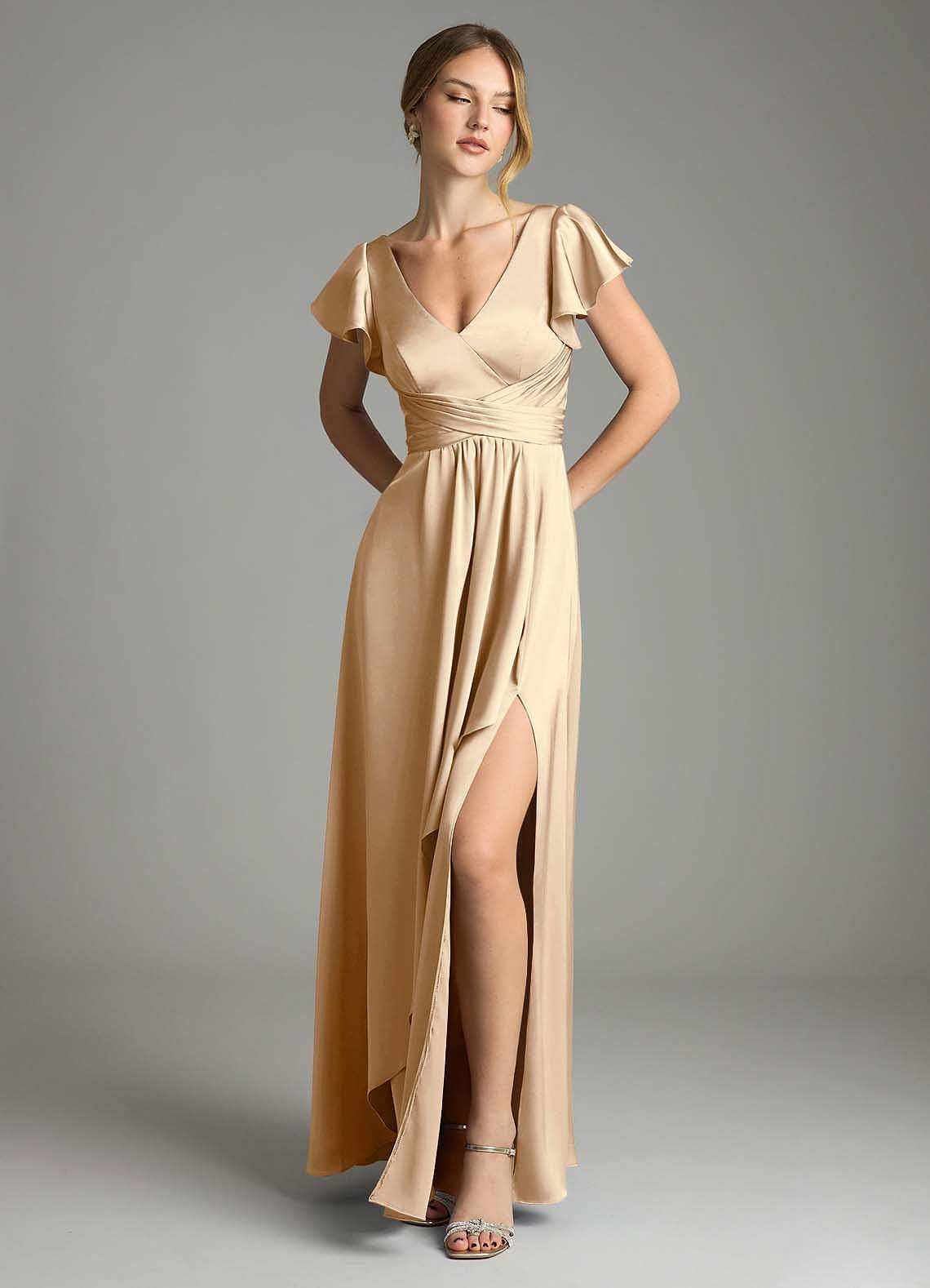 Omari A-Line V-Neck Stretch Satin Bridesmaid Dress in Champagne