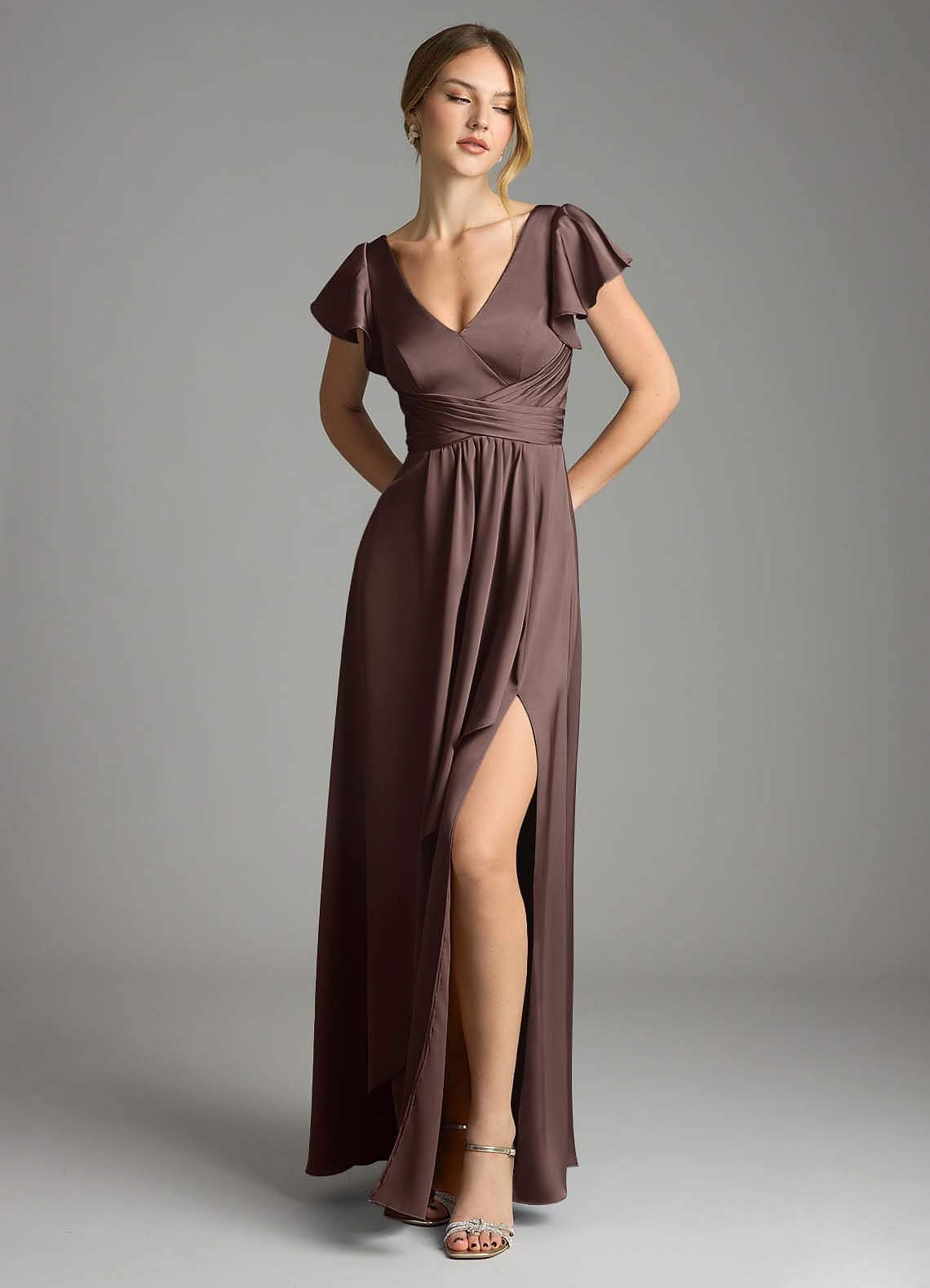 Omari A-Line V-Neck Stretch Satin Bridesmaid Dress in Ganache