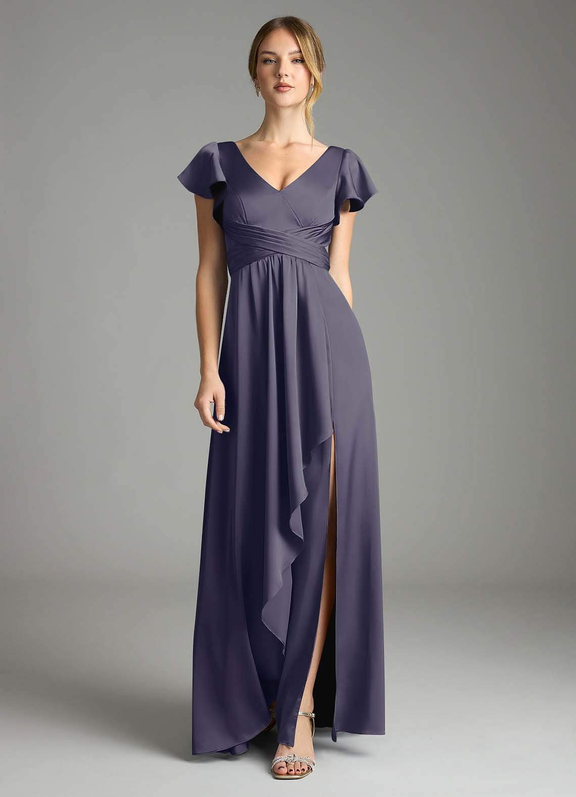 Omari A-Line V-Neck Stretch Satin Bridesmaid Dress in Stormy
