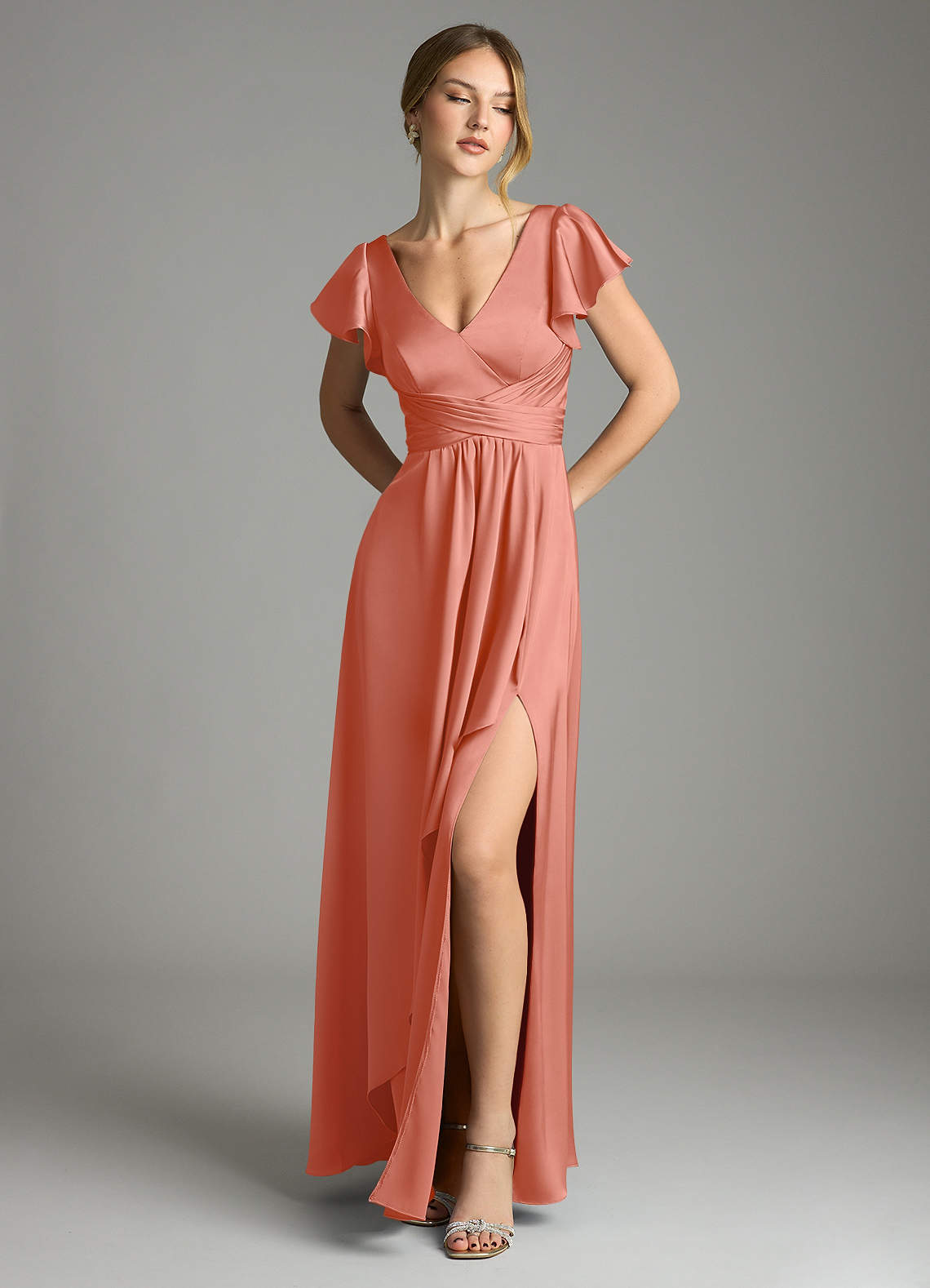 Omari A-Line V-Neck Stretch Satin Bridesmaid Dress in Salmon Pink