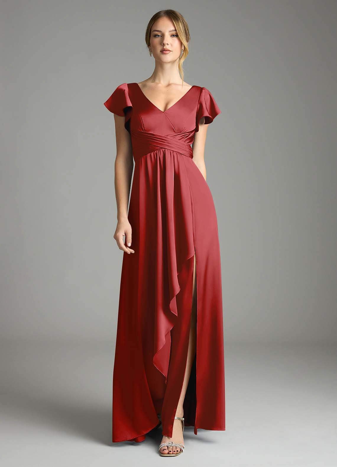 Omari A-Line V-Neck Stretch Satin Bridesmaid Dress in Pomegranate