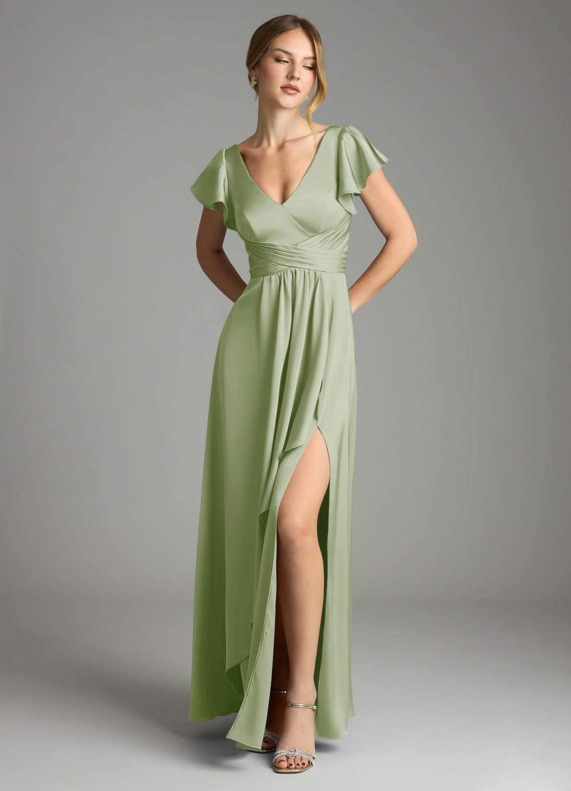 Omari A-Line V-Neck Stretch Satin Bridesmaid Dress in Dusty Sage