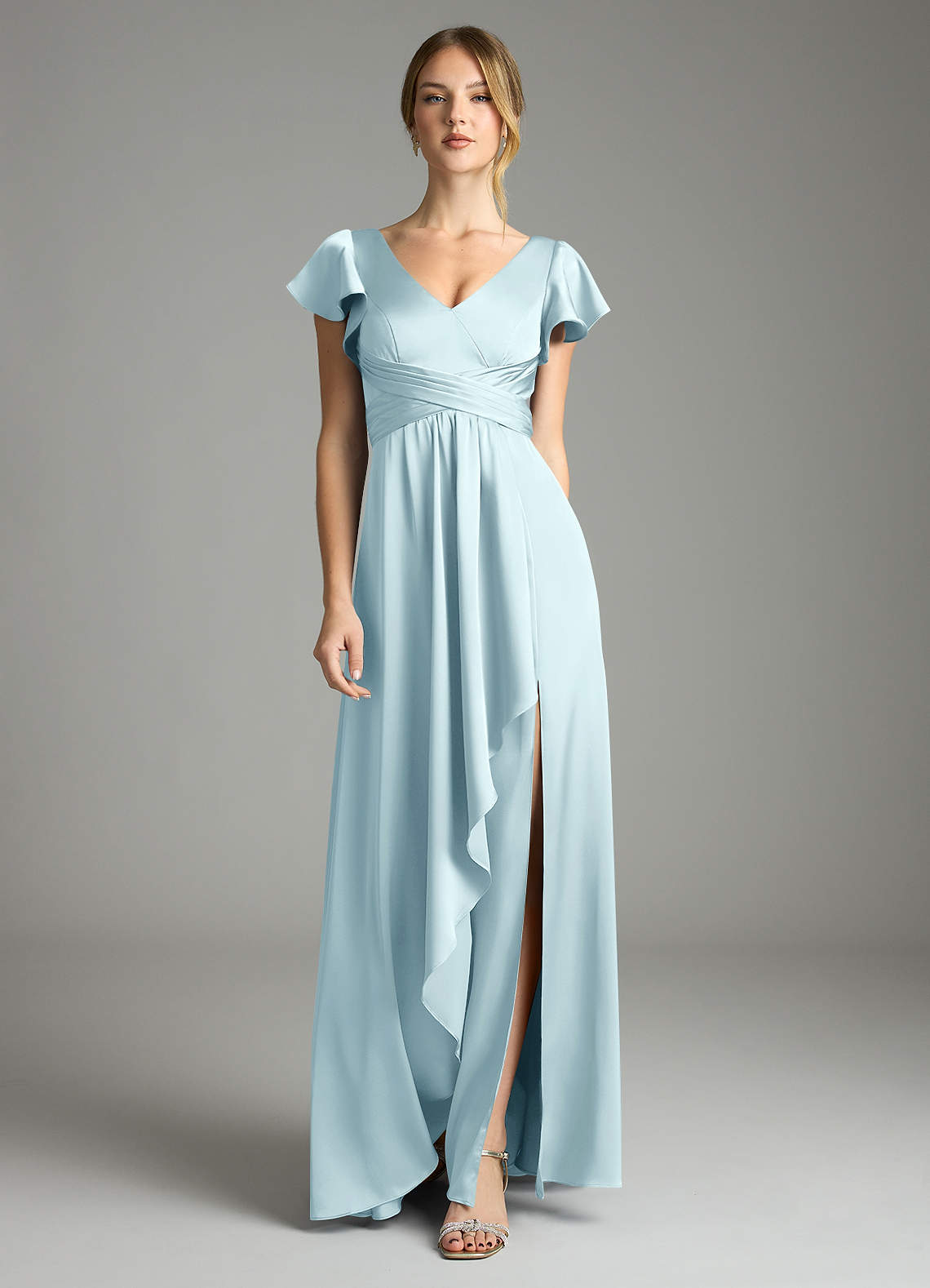 Omari A-Line V-Neck Stretch Satin Bridesmaid Dress in Cloud Blue