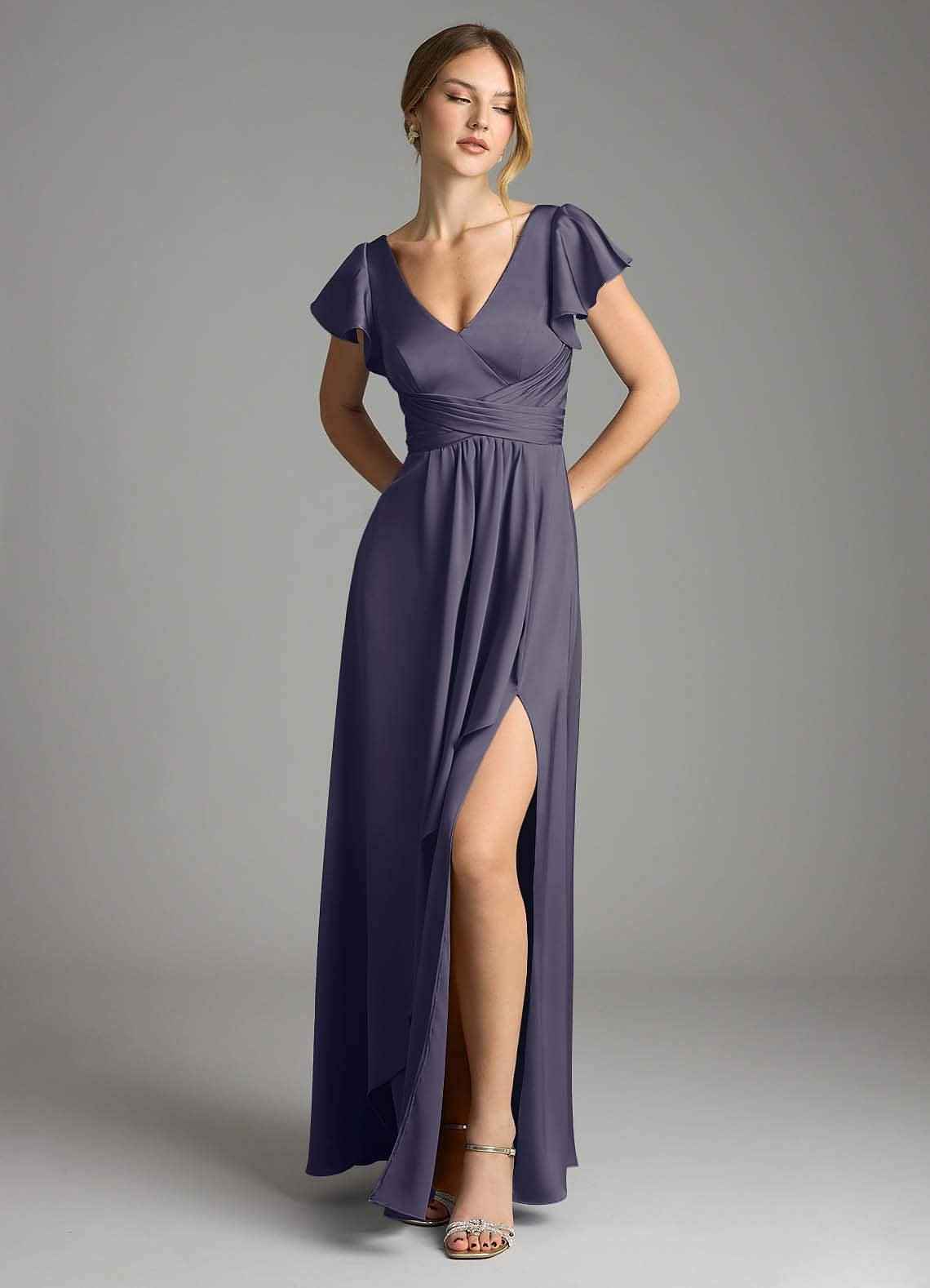 Omari A-Line V-Neck Stretch Satin Bridesmaid Dress in Stormy