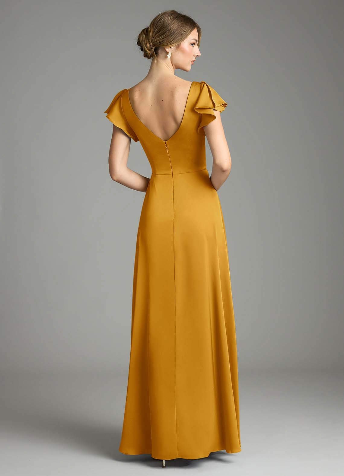 Omari A-Line V-Neck Stretch Satin Bridesmaid Dress in butterscotch
