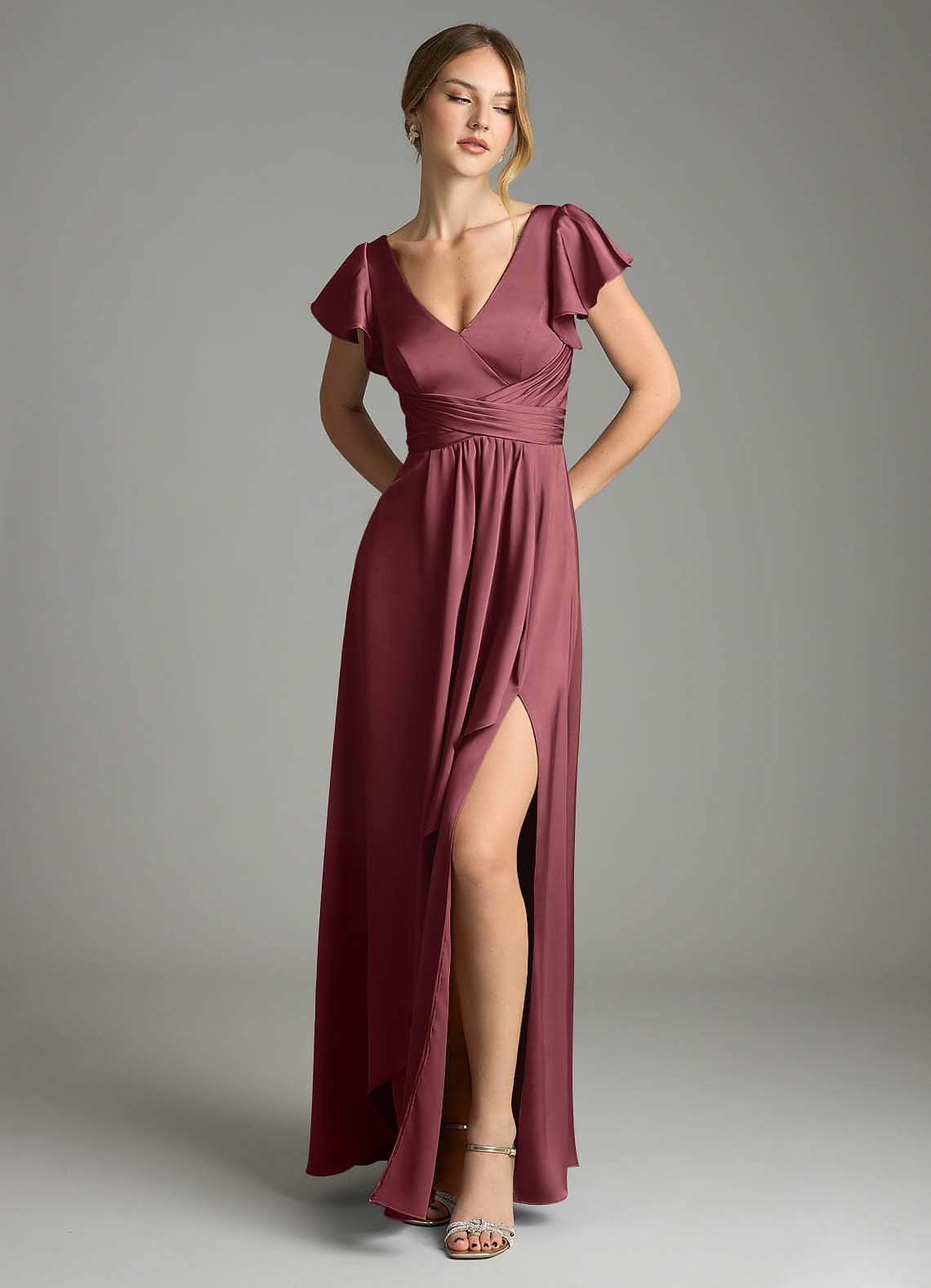 Omari A-Line V-Neck Stretch Satin Bridesmaid Dress in Merlot