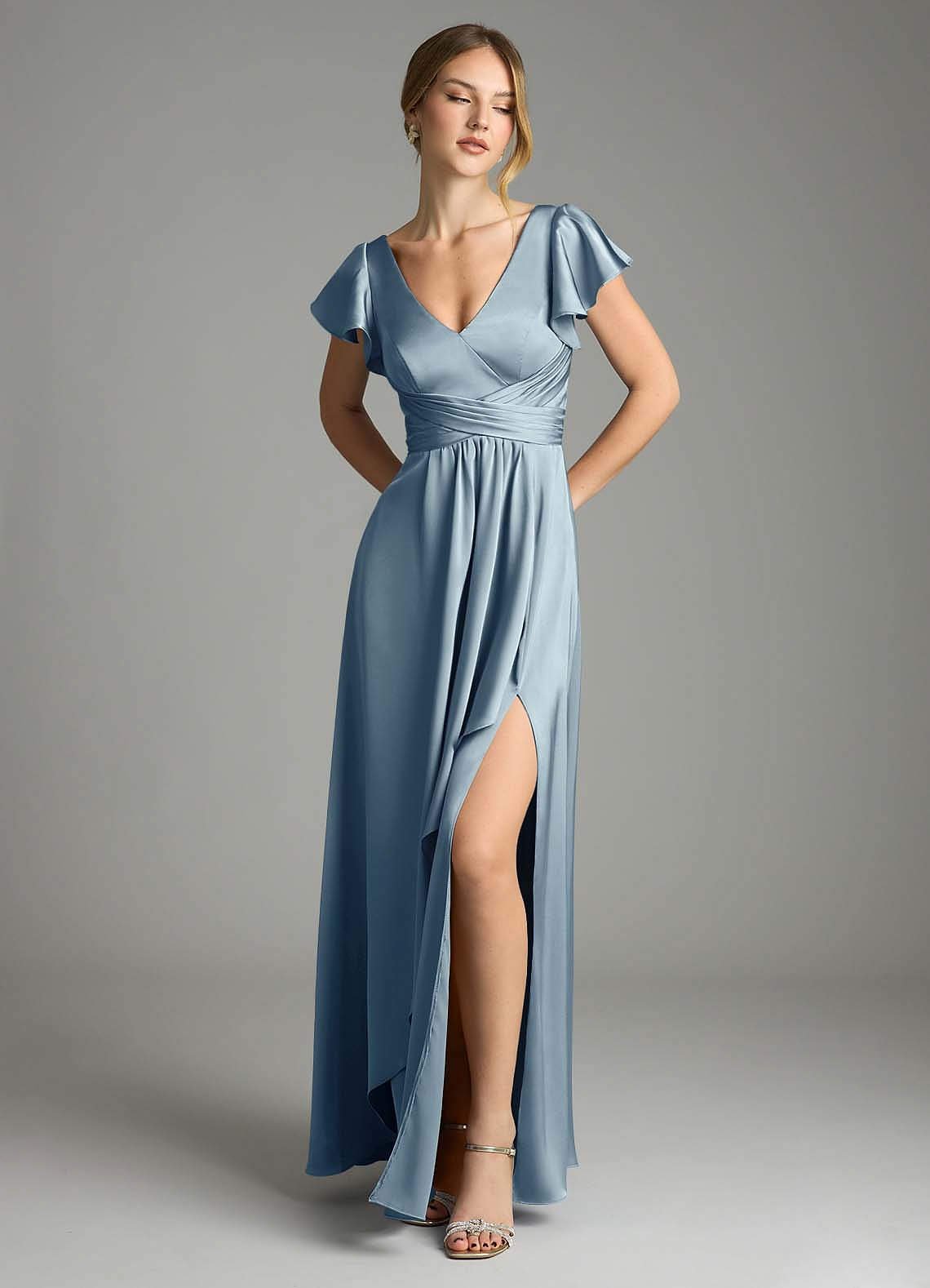 Omari A-Line V-Neck Stretch Satin Bridesmaid Dress in dusty blue